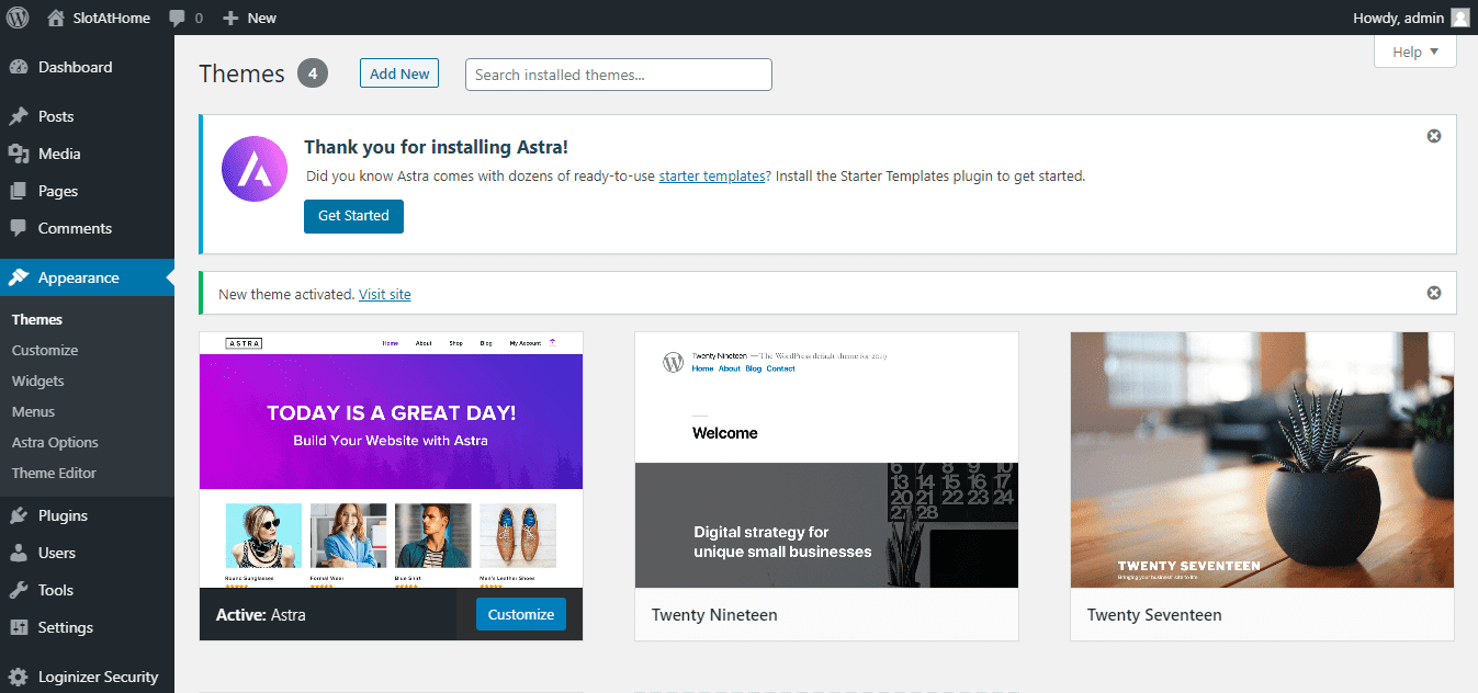 WordPress Astra template activated
