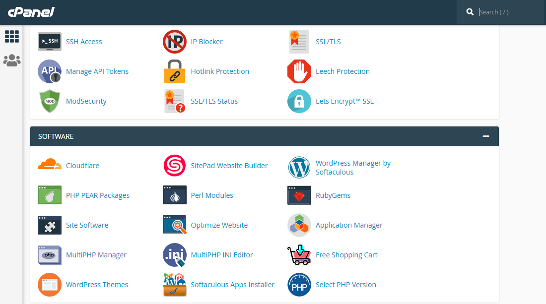 cPanel main page