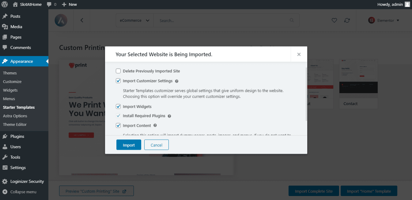 wordPress Astra Print site install popup