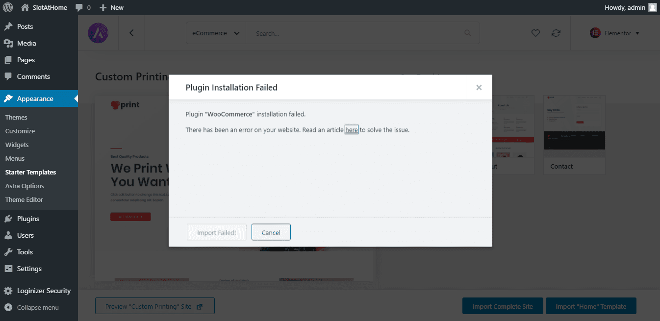 WordPress Astra Print site install failed installation popup